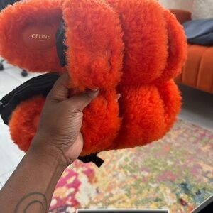 Celine Orange Shearling Slide Sandals